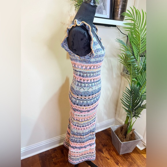 ZARA RUFFLED POINTELLE KNIT BODYCON MIDI DRESS MULTICOLORED Small - Picture 10 of 12